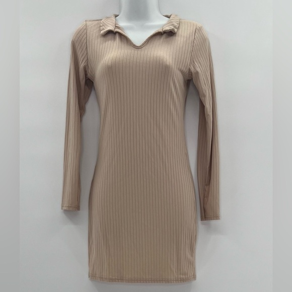 Boohoo Camel Ribbed Collar Detail Long Sleeve Bodycon Dress Size 6 - Picture 2 of 11
